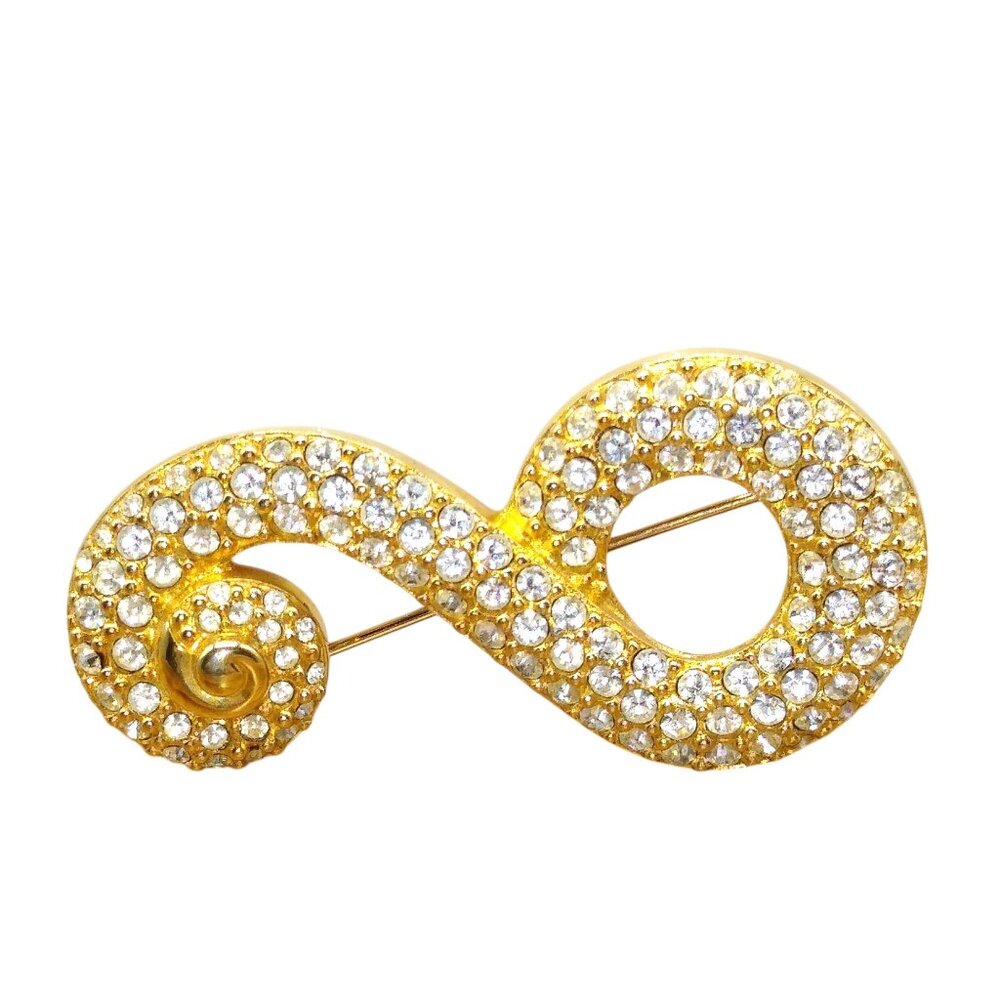 Vintage Swarovski Pave Swirl Brooch, Clear Crystals Pin with Gold Plate Setting